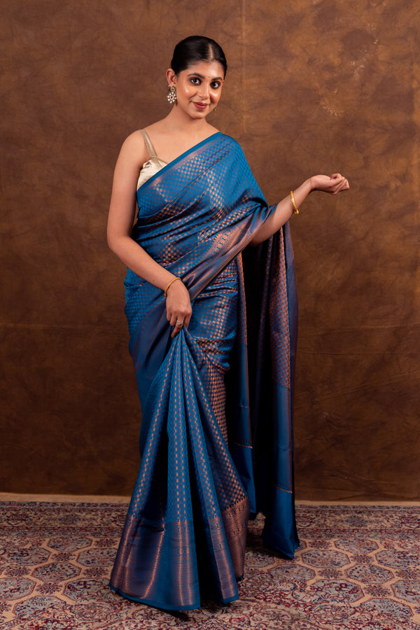 Peacock Blue Banarasi Soft Silk Saree Tanchoi Pattern with Copper Zari