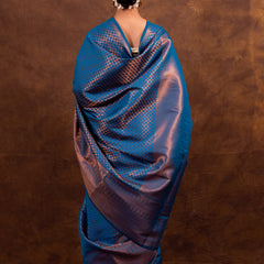 Peacock Blue Banarasi Soft Silk Saree Tanchoi Pattern with Copper Zari