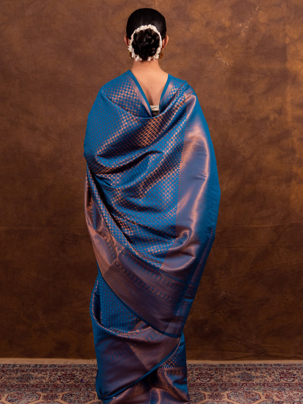Peacock Blue Banarasi Soft Silk Saree Tanchoi Pattern with Copper Zari