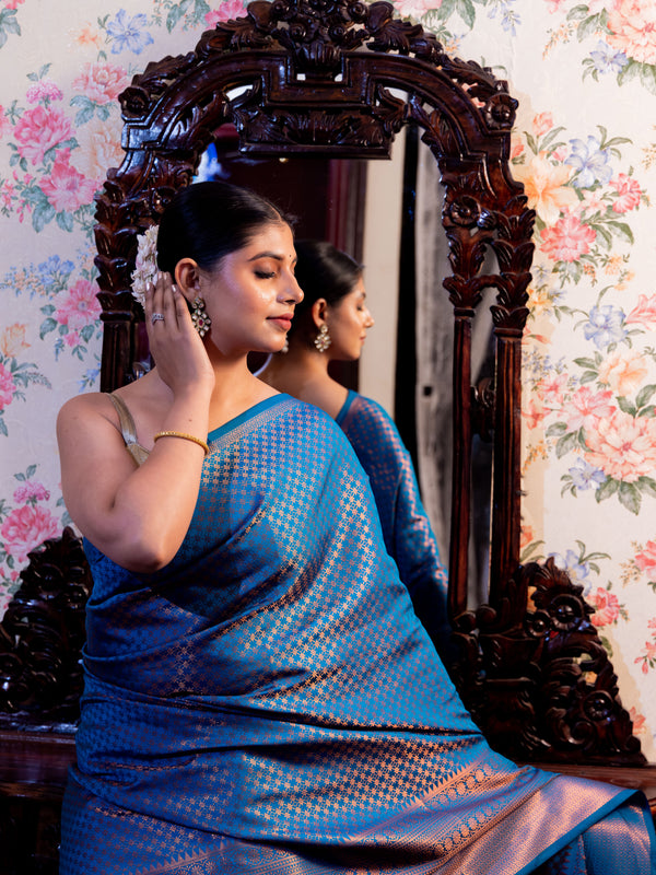 Peacock Blue Banarasi Soft Silk Saree Tanchoi Pattern with Copper Zari