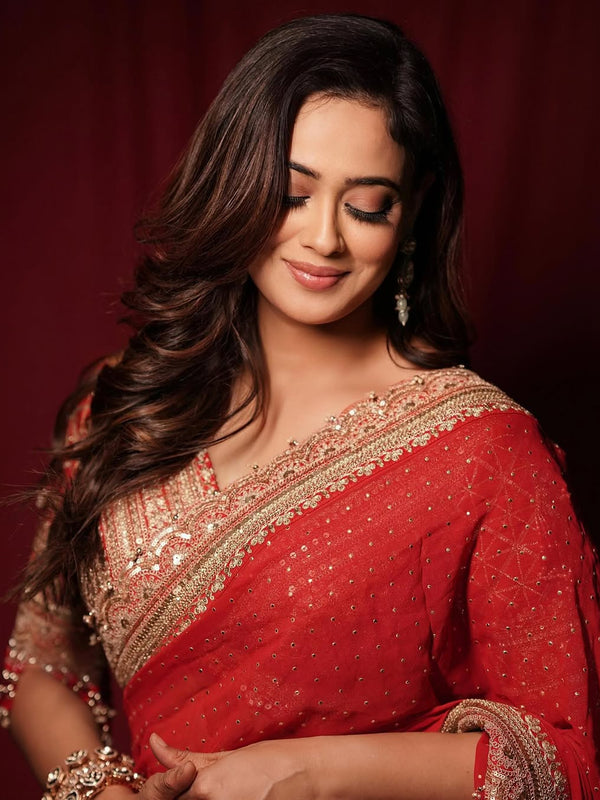 Shweta Tiwari Inspired Designer Georgette Saree With Embroidered Blouse Free Size