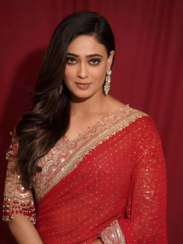 Shweta Tiwari Inspired Designer Georgette Saree With Embroidered Blouse Free Size