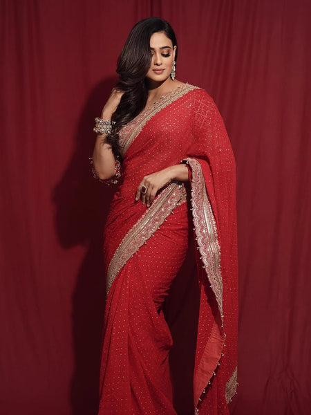 Shweta Tiwari Inspired Designer Georgette Saree With Embroidered Blouse Free Size