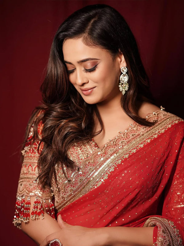 Shweta Tiwari Inspired Designer Georgette Saree With Embroidered Blouse Free Size