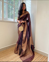 Garnet Brown Banarasi Woven Soft Saree with Antique Zari Border & Pallu