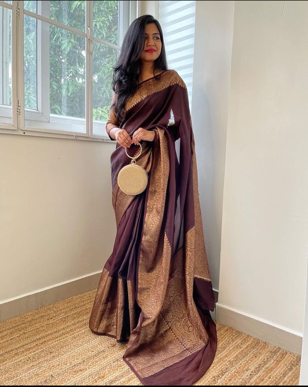 Garnet Brown Banarasi Woven Soft Saree with Antique Zari Border & Pallu