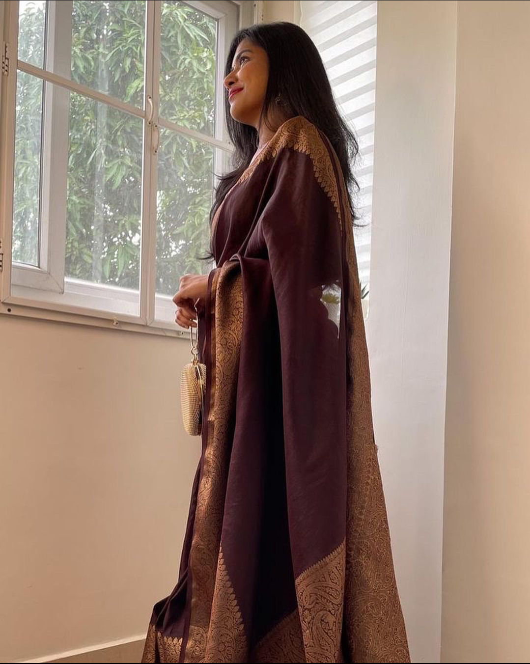 Garnet Brown Banarasi Woven Soft Saree with Antique Zari Border & Pallu