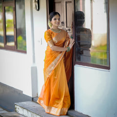 Coral Orange Banarasi Authentic Soft Tissue Silk Saree with Rich Pallu Woven Design