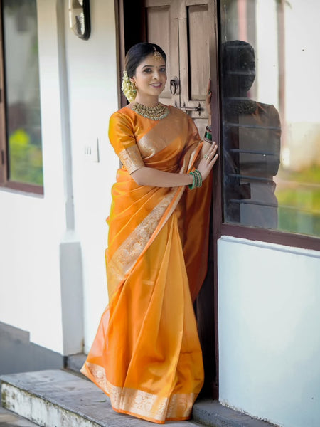Coral Orange Banarasi Authentic Soft Tissue Silk Saree with Rich Pallu Woven Design
