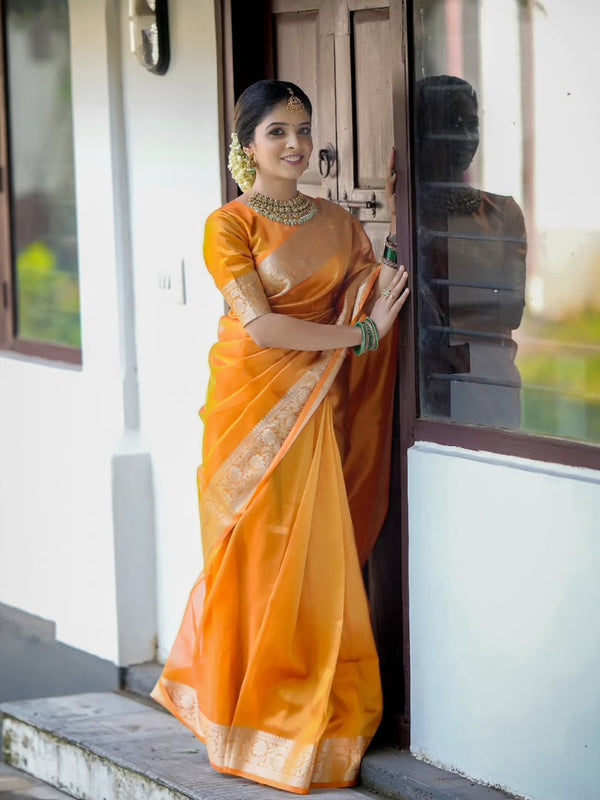 Coral Orange Banarasi Authentic Soft Tissue Silk Saree with Rich Pallu Woven Design