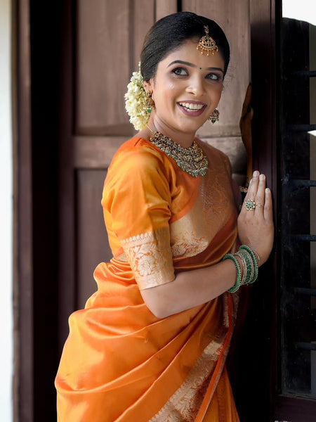 Coral Orange Banarasi Authentic Soft Tissue Silk Saree with Rich Pallu Woven Design
