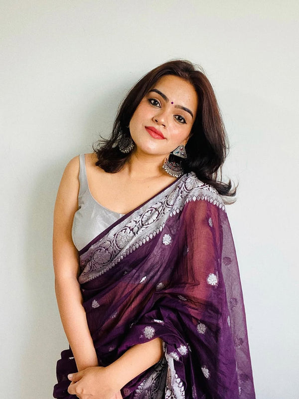 Wine Red Banarasi Elegant Woven Semi Georgette Soft Saree