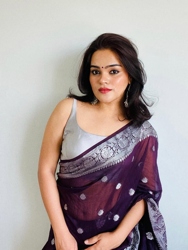Wine Red Banarasi Elegant Woven Semi Georgette Soft Saree