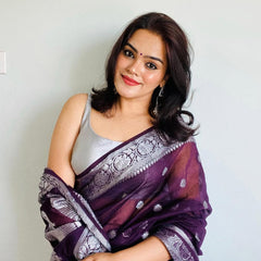 Wine Red Banarasi Elegant Woven Semi Georgette Soft Saree