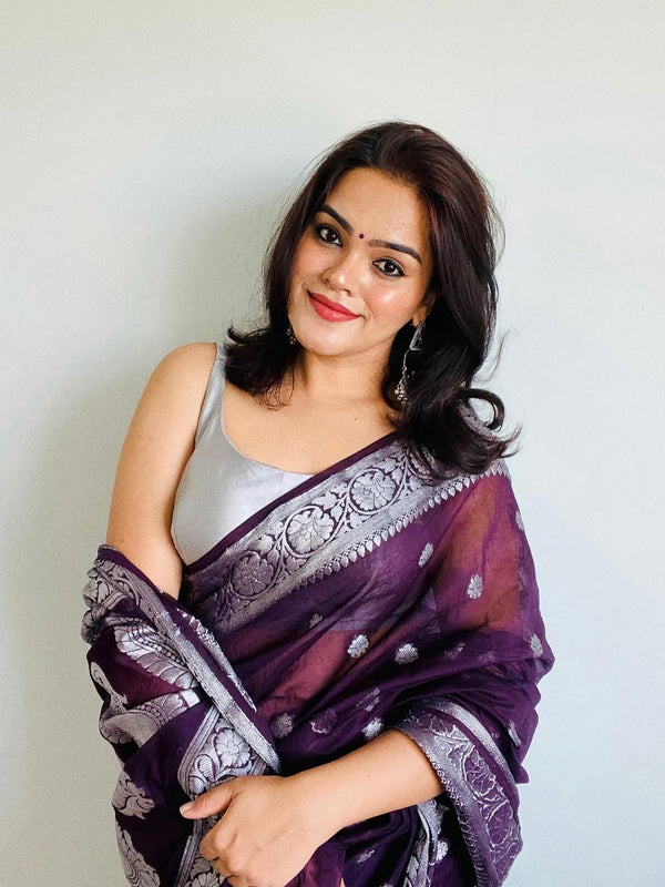 Wine Red Banarasi Elegant Woven Semi Georgette Soft Saree