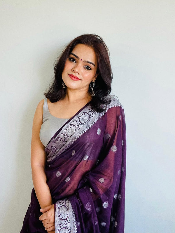 Wine Red Banarasi Elegant Woven Semi Georgette Soft Saree