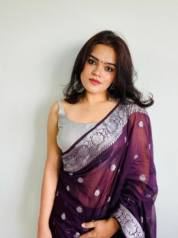 Wine Red Banarasi Elegant Woven Semi Georgette Soft Saree