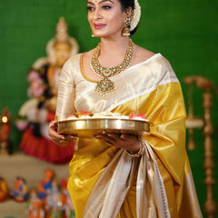 Exclusive Banarasi Glass Tissue Gold Zari Silk Saree with Contrast Border & Pallu