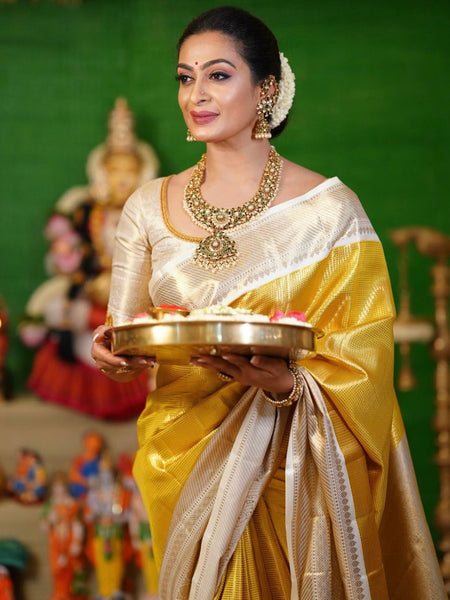 Exclusive Banarasi Glass Tissue Gold Zari Silk Saree with Contrast Border & Pallu
