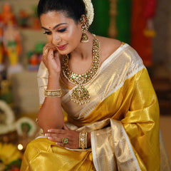 Exclusive Banarasi Glass Tissue Gold Zari Silk Saree with Contrast Border & Pallu