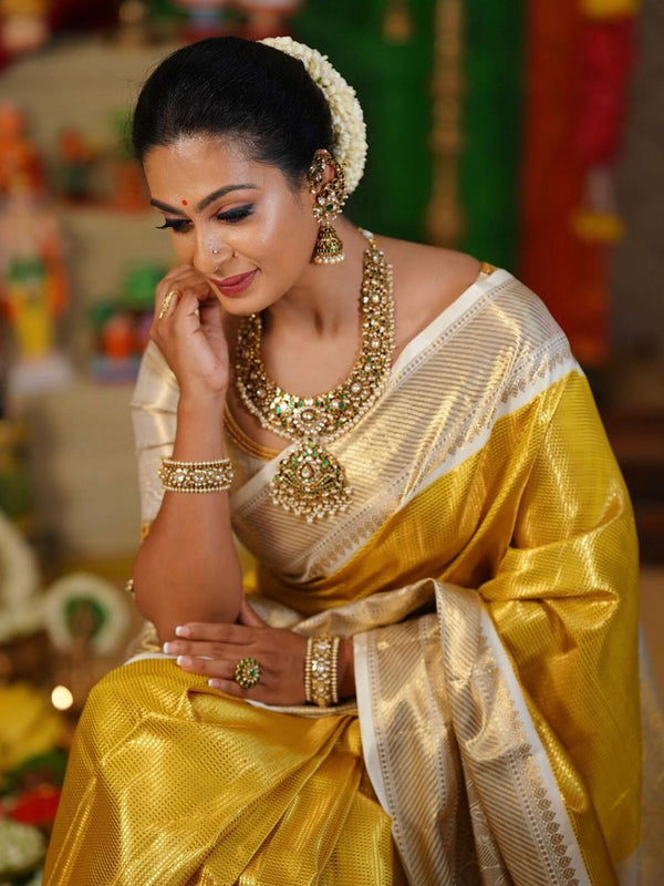 Exclusive Banarasi Glass Tissue Gold Zari Silk Saree with Contrast Border & Pallu