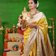 Exclusive Banarasi Glass Tissue Gold Zari Silk Saree with Contrast Border & Pallu