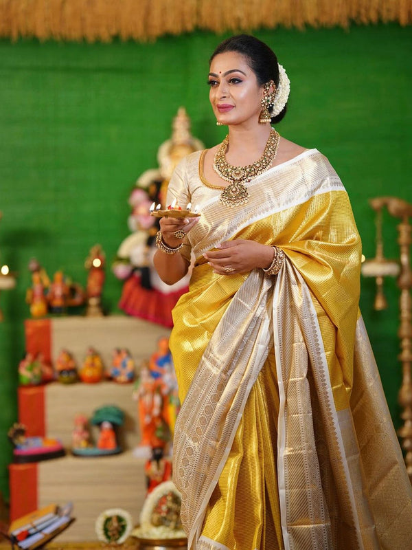 Exclusive Banarasi Glass Tissue Gold Zari Silk Saree with Contrast Border & Pallu