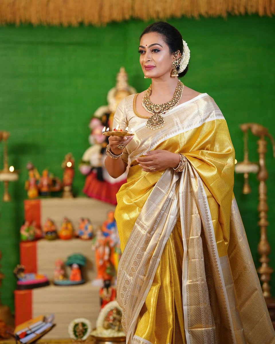 Exclusive Banarasi Glass Tissue Gold Zari Silk Saree with Contrast Border & Pallu