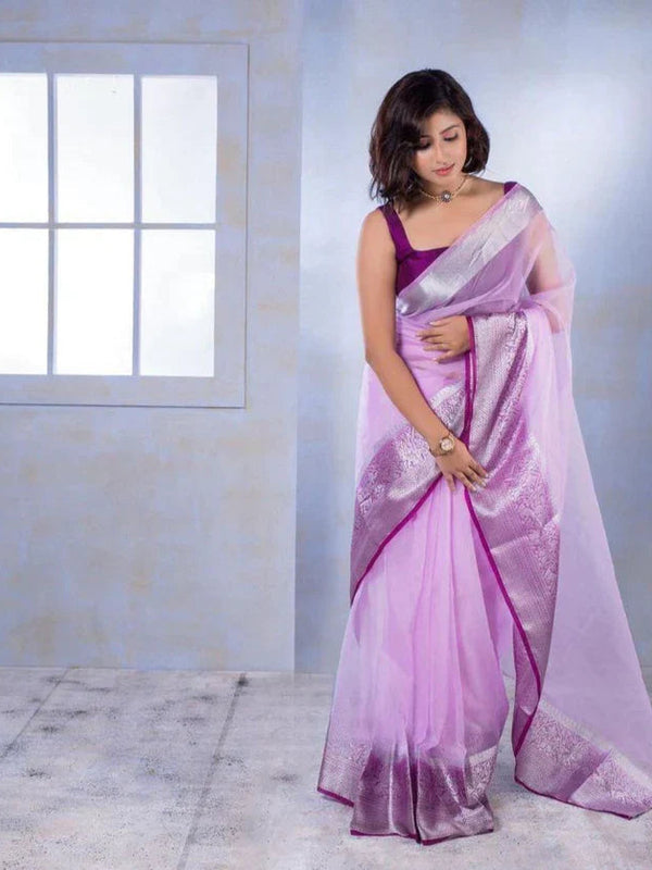Electric Lavender & Magenta Contrast Banarasi Soft Organza Skirt Border Saree