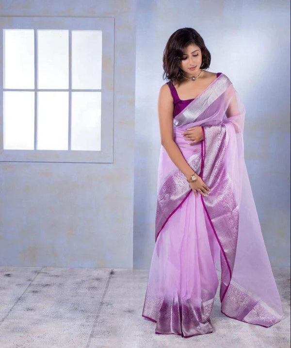 Electric Lavender & Magenta Contrast Banarasi Soft Organza Skirt Border Saree