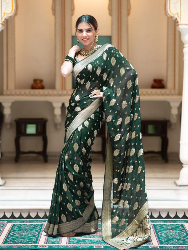 Bottle Green Stunning Banarasi Saree with Elegant Zari Woven Design