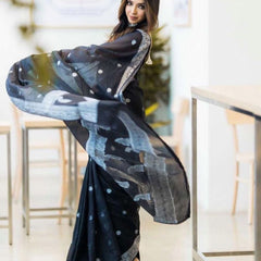 Jade Black Banarasi Semi Georgette Soft Saree with Silver Zari