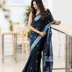 Jade Black Banarasi Semi Georgette Soft Saree with Silver Zari