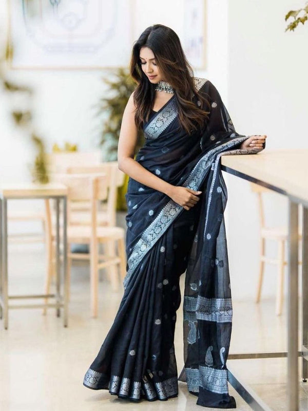 Jade Black Banarasi Semi Georgette Soft Saree with Silver Zari