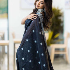 Jade Black Banarasi Semi Georgette Soft Saree with Silver Zari