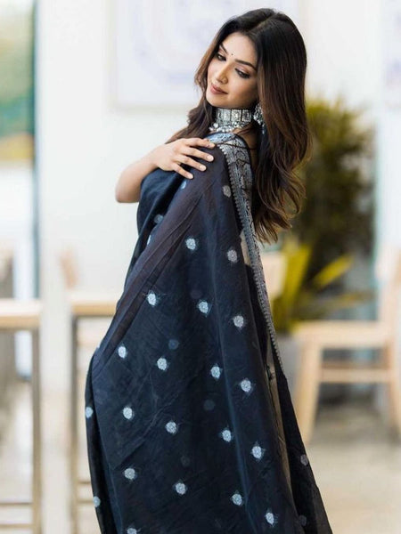 Jade Black Banarasi Semi Georgette Soft Saree with Silver Zari