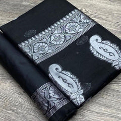Jade Black Banarasi Semi Georgette Soft Saree with Silver Zari