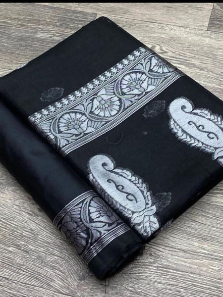 Jade Black Banarasi Semi Georgette Soft Saree with Silver Zari