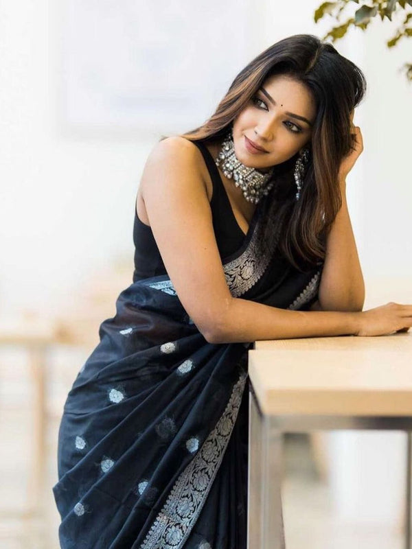 Jade Black Banarasi Semi Georgette Soft Saree with Silver Zari