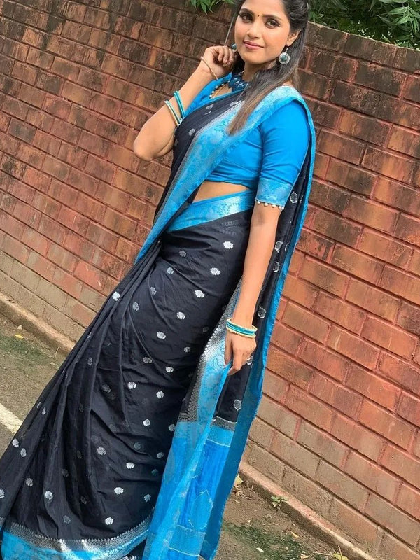 Black Blue Banarasi Semi Georgette Soft Saree with Contrast Border Silver Zari