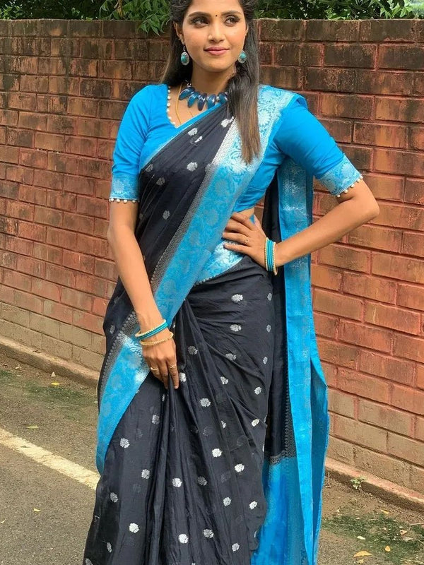 Black Blue Banarasi Semi Georgette Soft Saree with Contrast Border Silver Zari