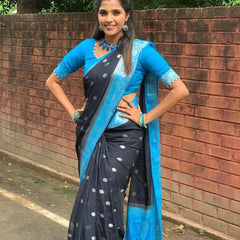 Black Blue Banarasi Semi Georgette Soft Saree with Contrast Border Silver Zari