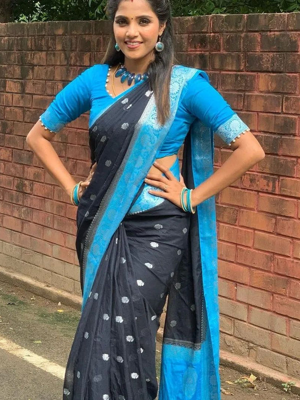 Black Blue Banarasi Semi Georgette Soft Saree with Contrast Border Silver Zari