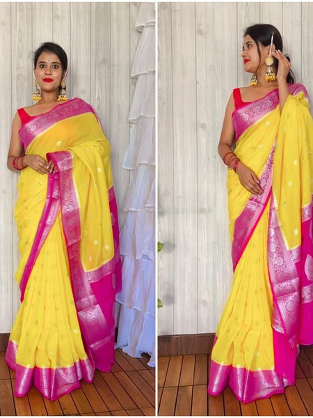 Gold Rani Banarasi Semi Georgette Soft Saree with Contrast Border Silver Zari