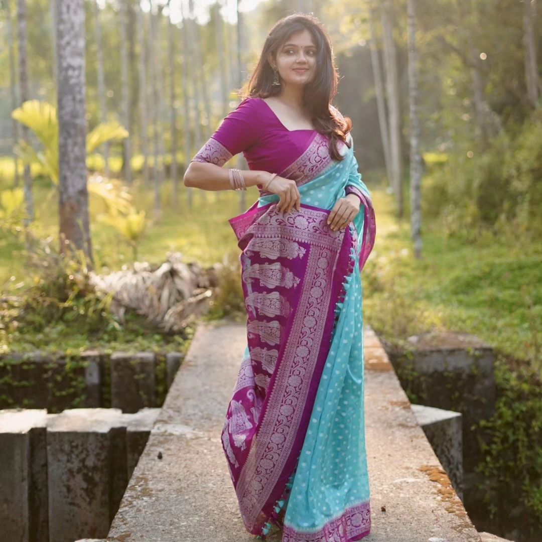 Magenta Blue Banarasi Woven Semi Georgette Soft Saree