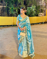 Firozi Blue Designer Tissue Silk Saree with Hand Zardozi Work