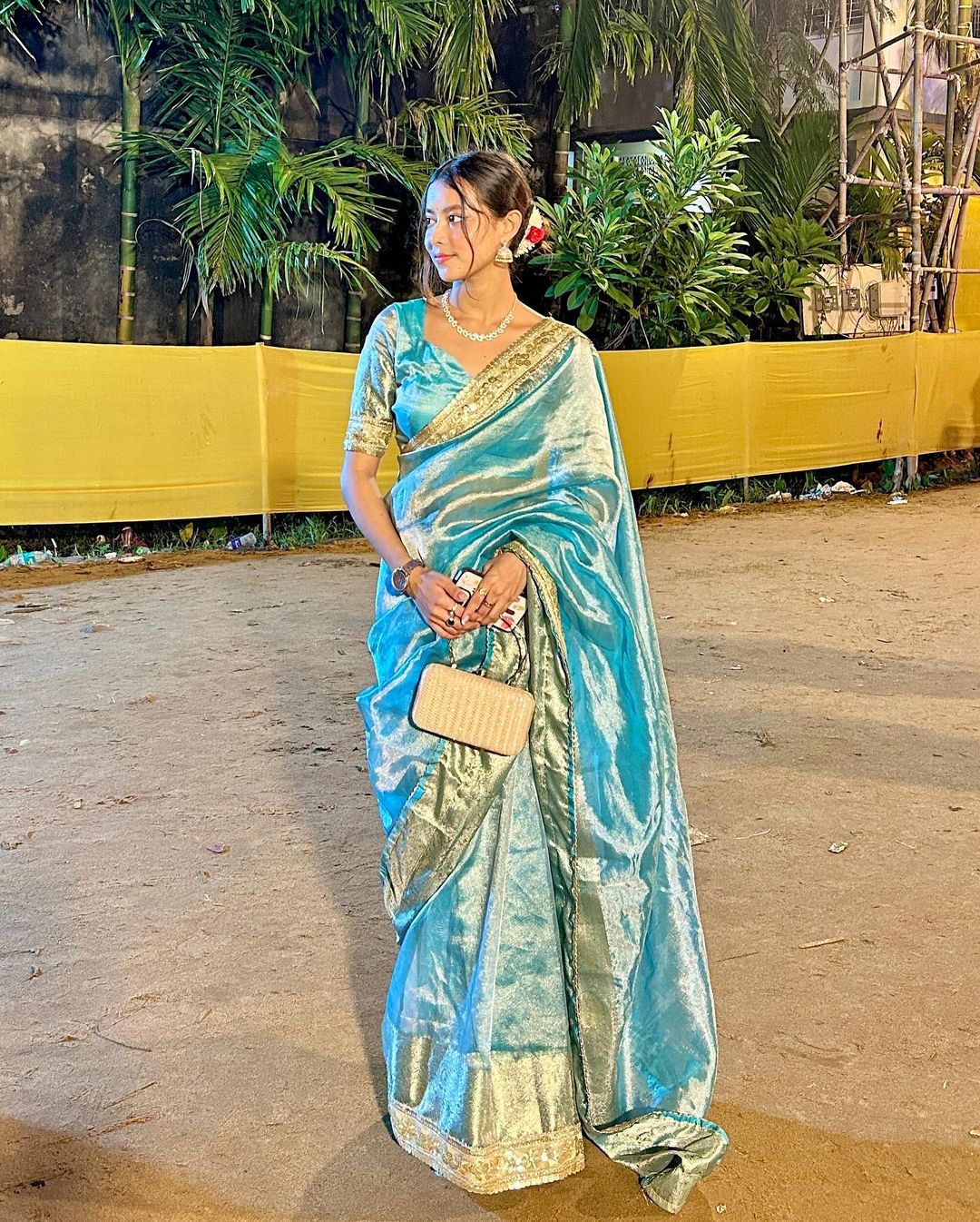 Firozi Blue Designer Tissue Silk Saree with Hand Zardozi Work