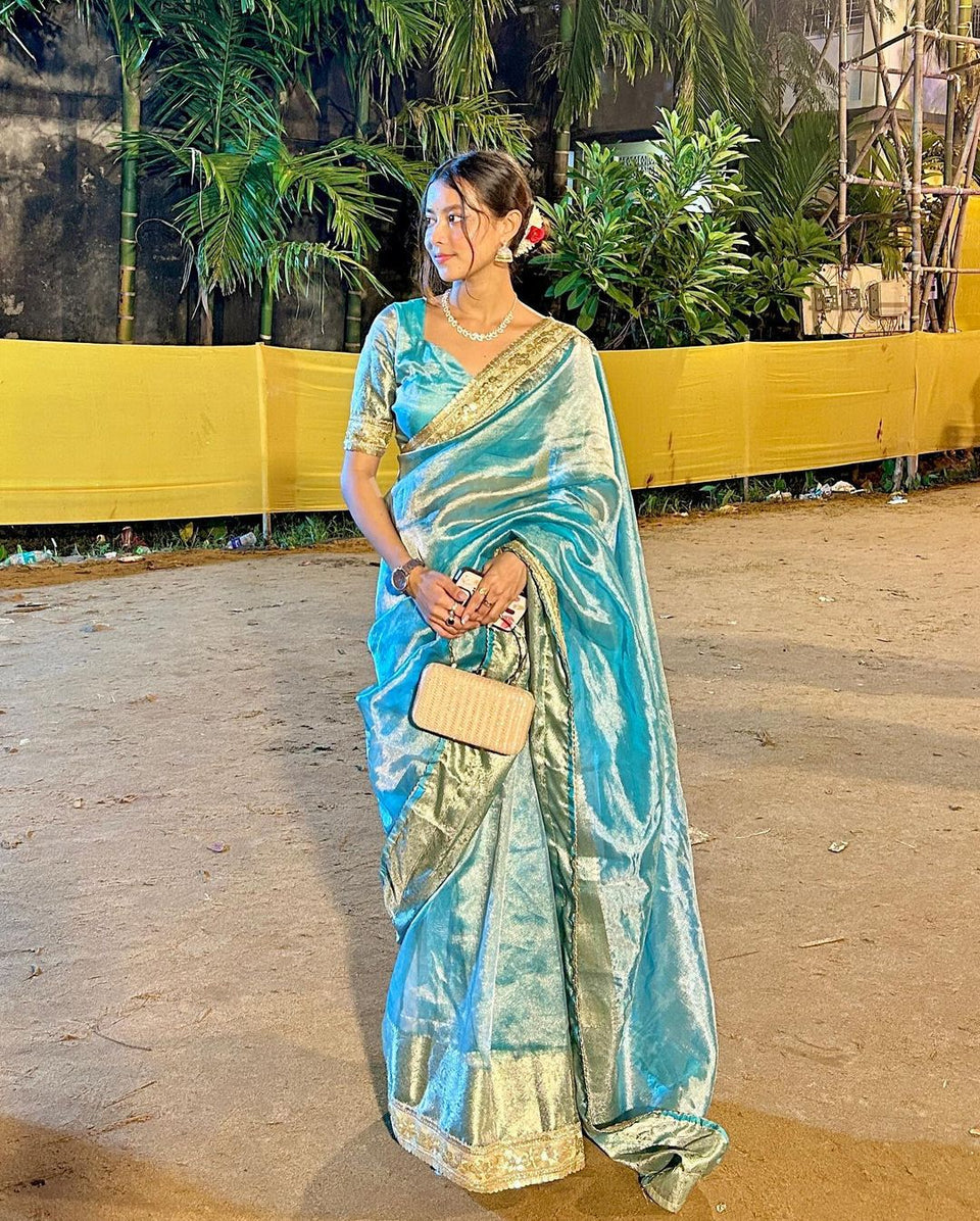Firozi Blue Designer Tissue Silk Saree with Hand Zardozi Work