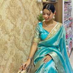 Sky Blue Designer Tissue Silk Saree with Hand Zardozi Work