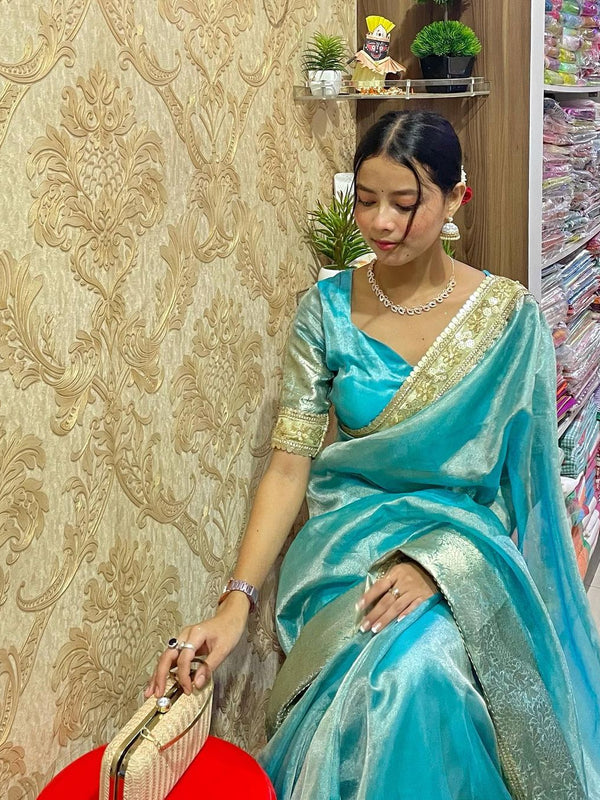 Sky Blue Designer Tissue Silk Saree with Hand Zardozi Work